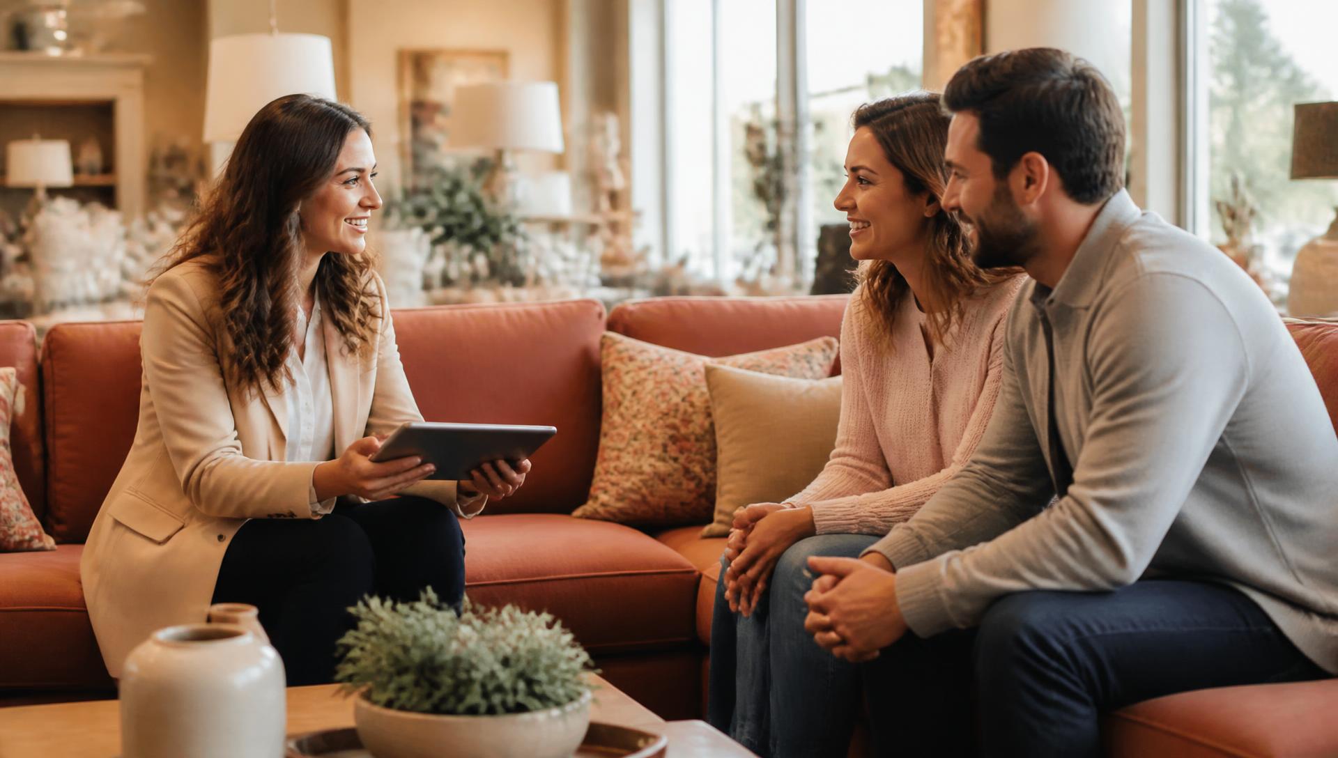 A Tepperman's sales associate with a tablet helping a couple on the showroom floor